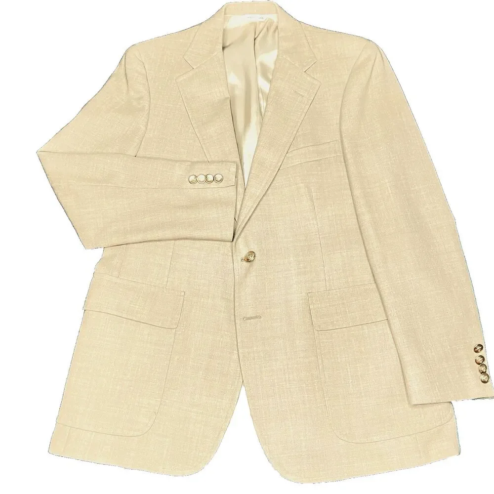 Chaps Ralph Lauren Vtg Sport Coat Hopsack 42 44 Silk Wool Tan USA Preppy Blazer